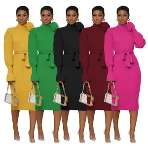 Robe midi élégante en maille côtelée à col roulé avec ceinture en cinq couleurs