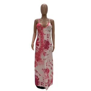 Elegant pink and white tie-dye printed cotton slip maxi dress featuring a casual loose fit