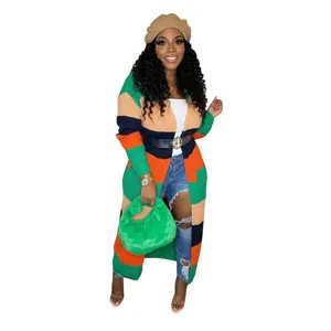 Full body model shot of a stylish multi-color striped long knit cardigan for women