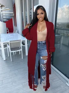 Elegant long wine red knit cardigan with fringe hem detail for stylish women's winter fashion