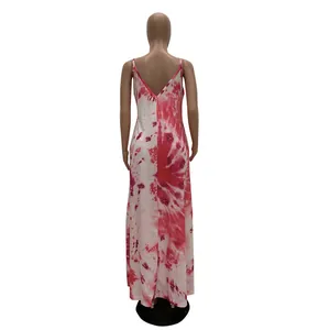 Back view of a pink tie-dye printed cotton camisole maxi dress on a mannequin