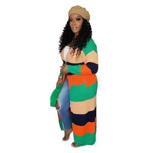 Full-length view of a colorful striped knit cardigan with long sleeves and side pockets.