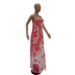 Side view of red and white tie-dye cotton suspender maxi dress on a female mannequin
