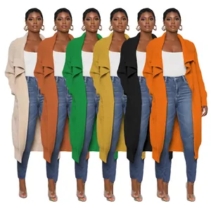 Detail view showing six different color variants of long knit cardigan sweaters