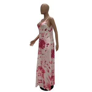 Casual loose tie-dye cotton camisole maxi dress for women in a vibrant red and white print