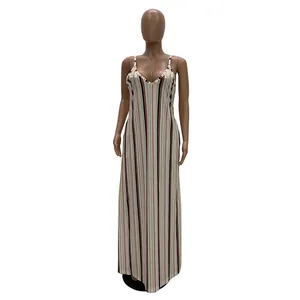 Detailed view of women's casual loose vertical striped cotton maxi camisole dress.