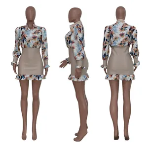 Detailed multi-angle views of a floral print mesh patchwork dress with a ruffled hemline