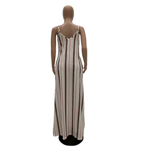 Back view of casual striped cotton maxi dress with spaghetti straps and V-neckline.