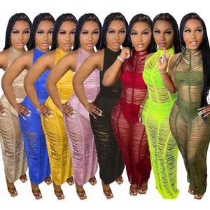Women Sexy Halter Neck Hollow Out Crochet Knit Beach Maxi Dress TS1150 Solid Color Sleeveless Backless Vacation Long Dress