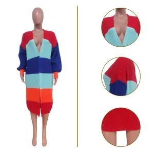 Détails multi-vues d'un long cardigan en tricot color-block pour femmes en gros plan