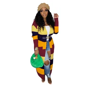 Long color-block knitted cardigan for women featuring striped pattern and open front design.