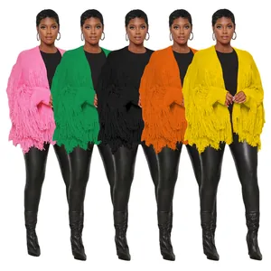 Women European American Solid Color Knit Tassel Cardigan Short Jacket Open Front Hand Knitted Fringe Sweaters Outerwear Top