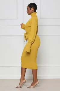Vue détaillée latérale d'une robe midi jaune en maille côtelée avec col roulé et ceinture