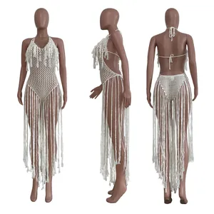 White crochet hollow knit one-piece swimsuit featuring long fringe tassels for women