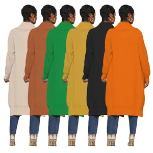 Multiple color options for long knitted cardigan shown from the back view for women