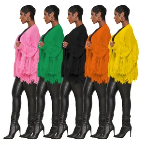 Detailed view of women's solid knit fringe cardigan jacket available in five vibrant colors