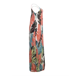 Side view of casual loose cotton camisole maxi dress with tropical leaf print