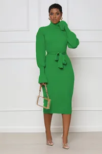 Vue détaillée d'une élégante robe en tricot à col roulé vert avec une ceinture à nouer.