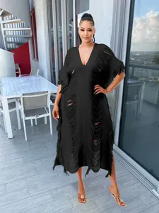 Elegant black handmade knit see-through fringe long dress for beach cover-up