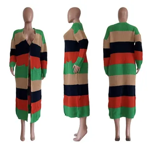 Detailed views of multi-color striped long knitted cardigan featuring pockets and open front
