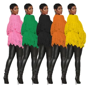Five color options for women's short knit cardigan with heavy fringe detailing.