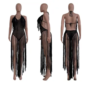 Detailed view of three angles: black hollow-out knitted bodysuit with long fringes.
