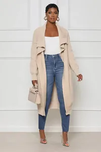 Stylish women's beige long ribbed knit cardigan with an elegant waterfall draped front