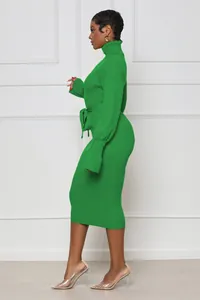 Vue de profil d'une robe midi en tricot vert à col roulé avec ceinture et coupe ajustée