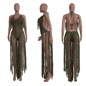 Front, side, and back views of a green crochet bodysuit with long floor-length fringe.