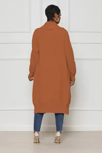 Detailed back view of a burnt orange long-sleeved knit cardigan sweater for women
