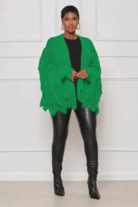 Stylish green knit cardigan featuring dense fringe details and a trendy cropped fit.