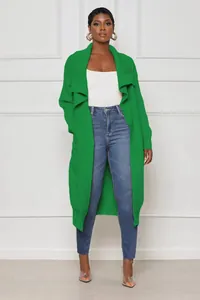 Detailed full-length shot of a vibrant green long-line knitted cardigan for women.