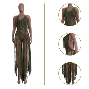 Detailed views of army green knitted monokini with long fringes and hollow-out design