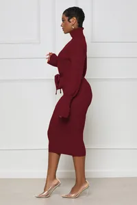 Vue latérale robe midi élégante en tricot bordeaux avec col roulé et ceinture taille