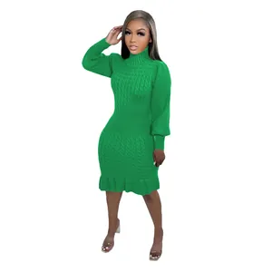 Abito midi in maglia a trecce verde vibrante con collo alto e orlo a volant per donna