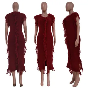 Three-view detail of dark red sleeveless knit dress with decorative fringes on sides