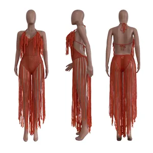 Detailed front side and back views of an orange hollow-out crochet swimsuit with long fringes.