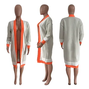 Detail view showing front, side, and back of the long color-block knit cardigan coat.