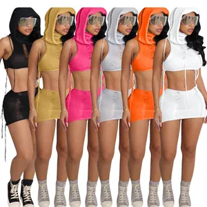 Sleeveless hooded crop top and mini skirt set in multiple colors for casual beach wear