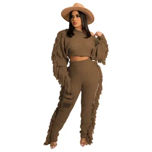 Full-body view of brown knit two-piece set with stylish fringe sleeve and leg detail