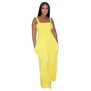 Stylish casual yellow solid color wide-leg jumpsuit with camisole straps for modern women