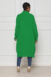 Back view of a vibrant long green knitted cardigan for women in a stylish casual design