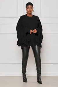 Elegant women's oversized black chunky knit cardigan with layered fringe details