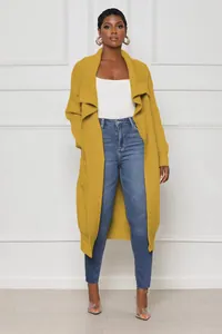 Elegant long mustard yellow knitted cardigan jacket with open front and ribbed texture details