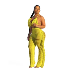 Ensemble bikini jaune deux pièces et pantalon de plage en tricot à franges pour femme