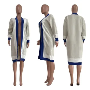 Detailed view of color-block knit cardigan showing front, side and back angles