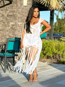 Robe de plage sexy en crochet blanc avec de longues franges ajourées vue détaillée