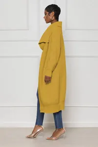 Elegant mustard yellow long knit cardigan with draped collar shown from the side