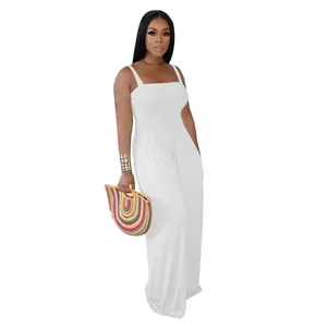 Elegant sleeveless white wide-leg jumpsuit with smocked tube top design for summer
