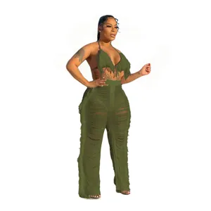 Haut de bikini à franges vert olive et ensemble de pantalon de plage en tricot pour femme